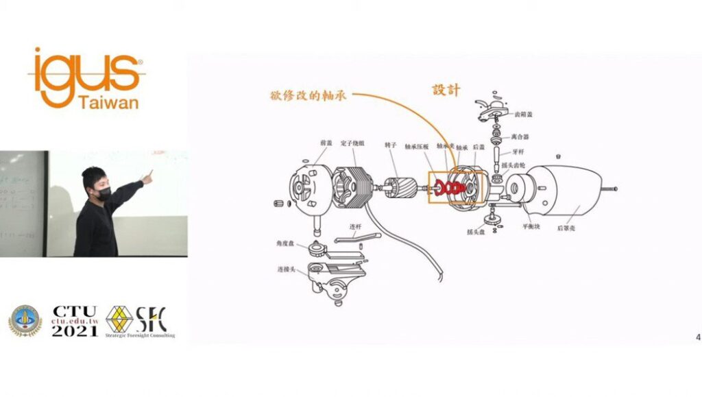 建國6隊陳灝詮解說免上油電風扇設計，拿下提案賽第1名。 圖 / 策略遠矚顧問有限公司提供