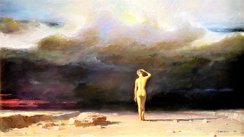 冉茂芹《夕照》。冉茂芹畫人物也畫景,畫景時則不只是畫風景。圖/策略風知識新聞網