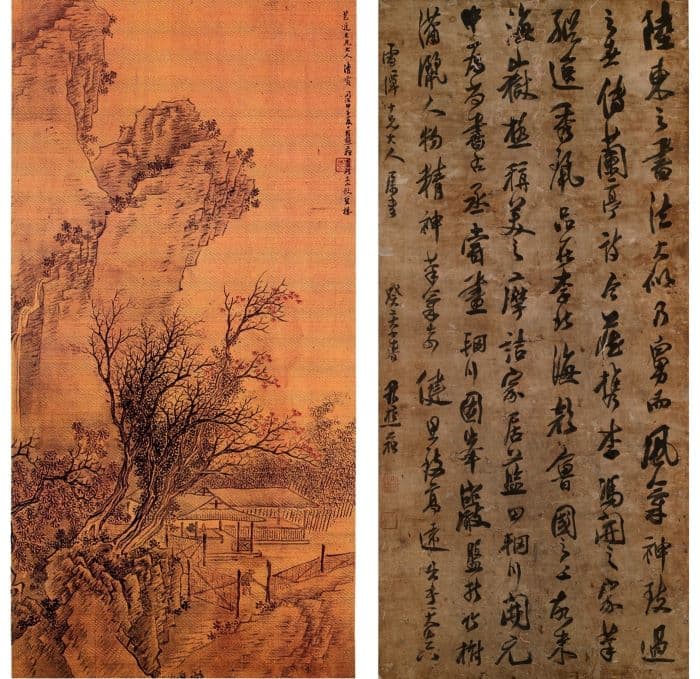 圖左為謝琯樵山水，出自《明清時代臺灣書畫作品》；圖右為謝琯樵書法。圖 / 何創時書法藝術基金會提供