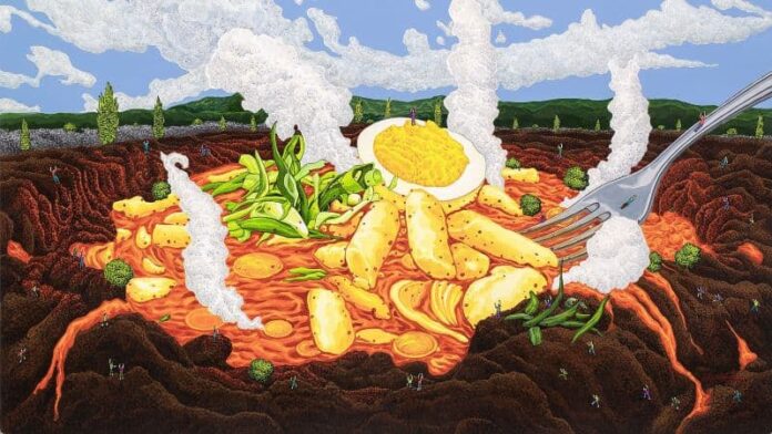 火山熔岩辣炒年糕-Spicy-tteokboki-are-like-volcanoes_80.3×116.8cm_壓克力、畫布_©-Haru-K