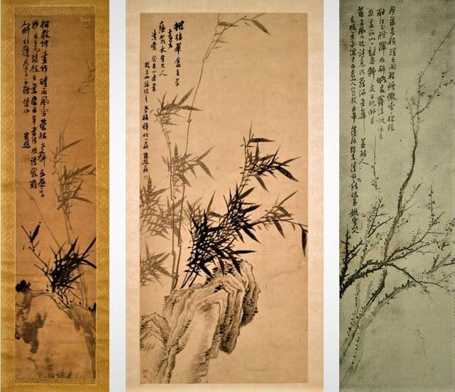 謝琯樵作品，左起1、2圖〈竹石〉。圖 / 何創時書法藝術基金會提供；左3〈墨梅〉。圖 / 出自《三先生遺墨展》